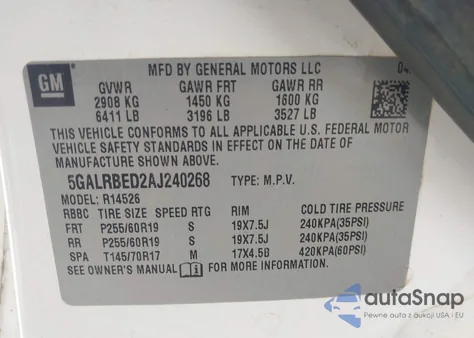 2010 Buick Enclave 1Xl из США, поврежденный, VIN 5GALRBED2AJ240268